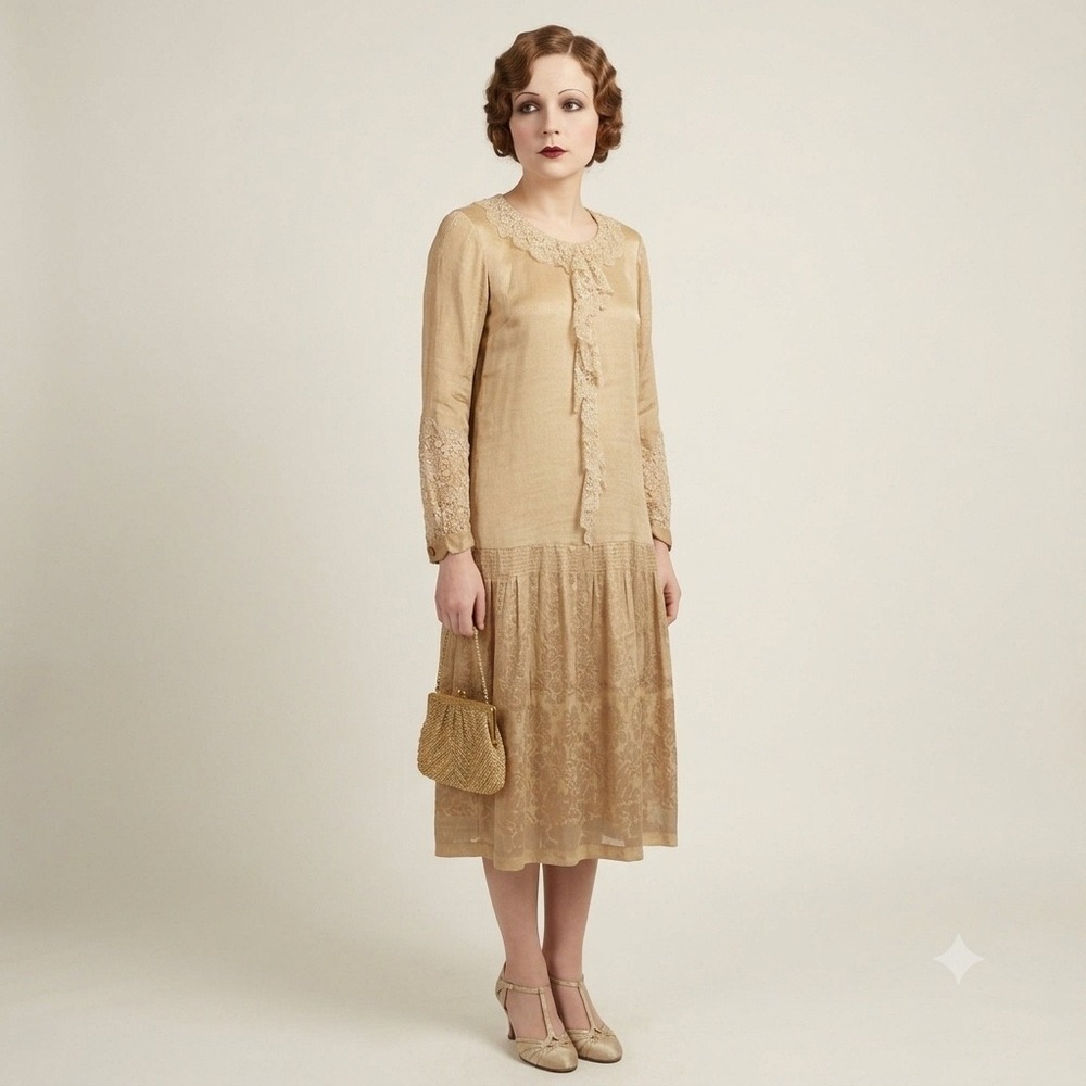 Vintage 1920s Day Dress Beige Silk Satin Handmade Lace Trim Flapper Drop Waist